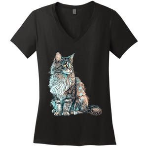 Maine Coon Cat Breed Colorful Mom Lady Women's V-Neck T-Shirt