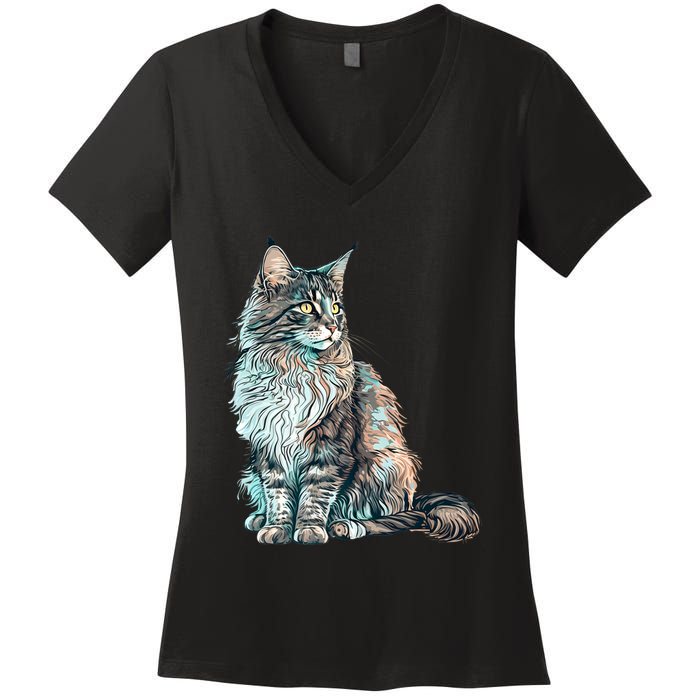 Maine Coon Cat Breed Colorful Mom Lady Women's V-Neck T-Shirt