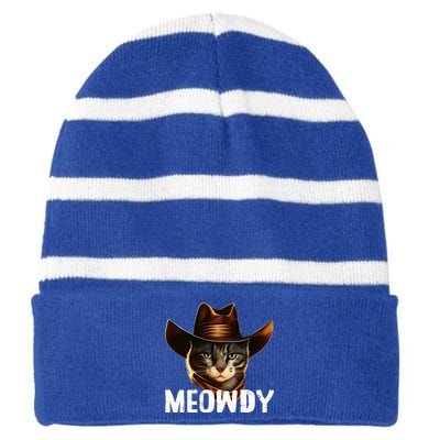 Meowdy Cat Cowboy Funny Cat Meme Striped Beanie with Solid Band