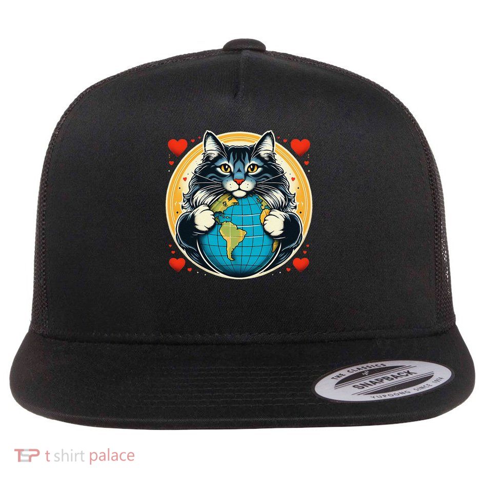 Main Coon Cat Earth Day Hug Love Owner Planet Lover Lady Flat Bill Trucker Hat