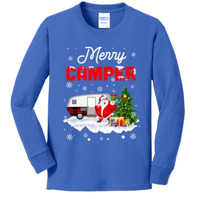 Merry Camper Christmas Santa Camper Camping Truck Red Plaid Gift Kids Long Sleeve Shirt