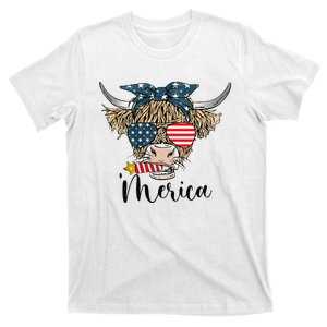 Merica Cow Cute Highland Cow With Bandana USA Fourth Of July T-Shirt