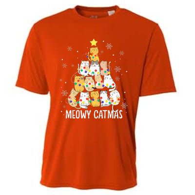 Meowy Catmas Cat Christmas Tree Lights Kitten Xmas Cat Lover Cooling Performance Crew T-Shirt