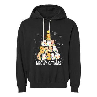 Meowy Catmas Cat Christmas Tree Lights Kitten Xmas Cat Lover Garment-Dyed Fleece Hoodie