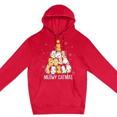 Meowy Catmas Cat Christmas Tree Lights Kitten Xmas Cat Lover Premium Pullover Hoodie