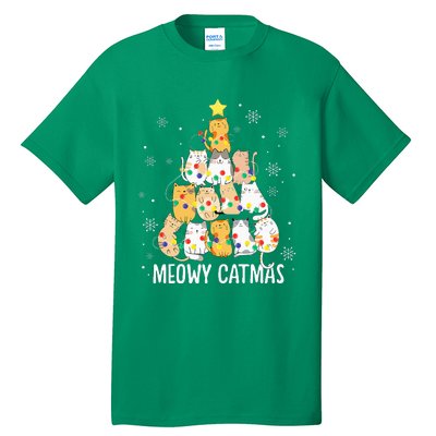 Meowy Catmas Cat Christmas Tree Lights Kitten Xmas Cat Lover Tall T-Shirt