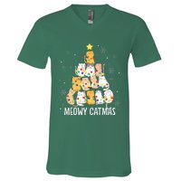 Meowy Catmas Cat Christmas Tree Lights Kitten Xmas Cat Lover V-Neck T-Shirt