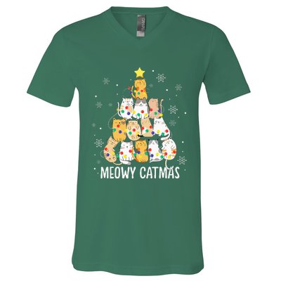 Meowy Catmas Cat Christmas Tree Lights Kitten Xmas Cat Lover V-Neck T-Shirt