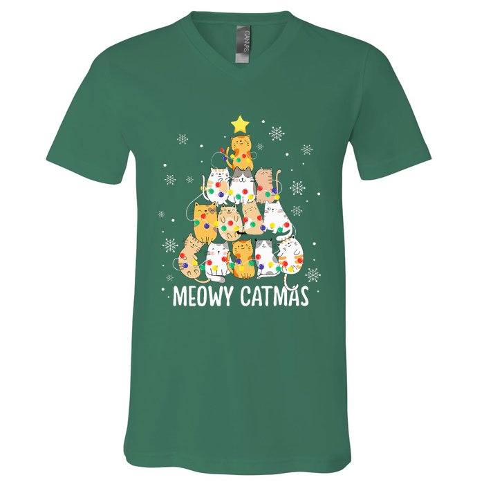 Meowy Catmas Cat Christmas Tree Lights Kitten Xmas Cat Lover V-Neck T-Shirt