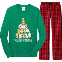 Meowy Catmas Cat Christmas Tree Lights Kitten Xmas Cat Lover Long Sleeve Pajama Set