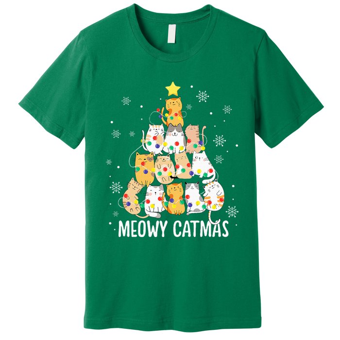 Meowy Catmas Cat Christmas Tree Lights Kitten Xmas Cat Lover Premium T-Shirt