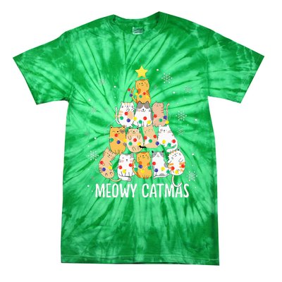 Meowy Catmas Cat Christmas Tree Lights Kitten Xmas Cat Lover Tie-Dye T-Shirt