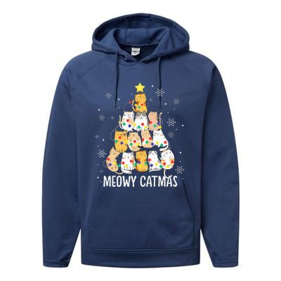 Meowy Catmas Cat Christmas Tree Lights Kitten Xmas Cat Lover Performance Fleece Hoodie