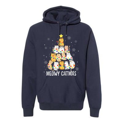 Meowy Catmas Cat Christmas Tree Lights Kitten Xmas Cat Lover Premium Hoodie