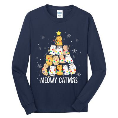 Meowy Catmas Cat Christmas Tree Lights Kitten Xmas Cat Lover Tall Long Sleeve T-Shirt