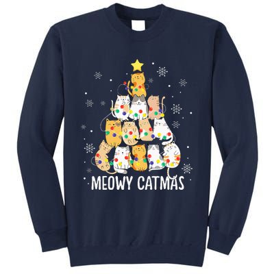 Meowy Catmas Cat Christmas Tree Lights Kitten Xmas Cat Lover Tall Sweatshirt