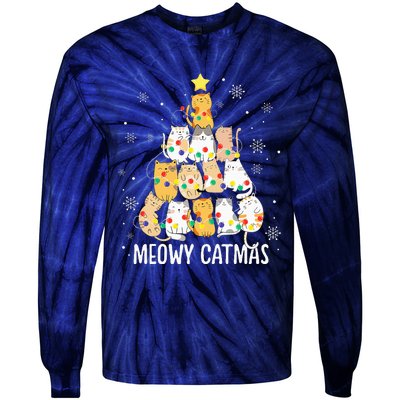 Meowy Catmas Cat Christmas Tree Lights Kitten Xmas Cat Lover Tie-Dye Long Sleeve Shirt