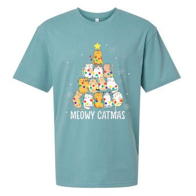 Meowy Catmas Cat Christmas Tree Lights Kitten Xmas Cat Lover Sueded Cloud Jersey T-Shirt