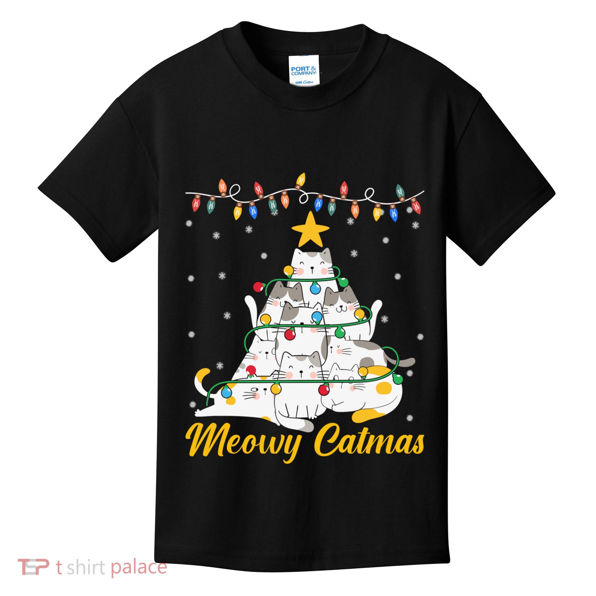 Meowy Catmas Cat Christmas Tree Xmas Funny Santa Kids T-Shirt