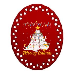 Meowy Catmas Cat Christmas Tree Xmas Funny Santa Ceramic Oval Ornament