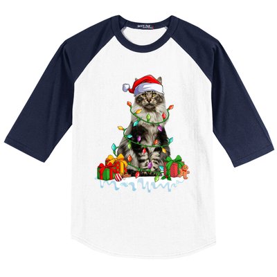 Maine Coon Cat Xmas Light Christmas Kitten Lover Funny Gift Baseball Sleeve Shirt