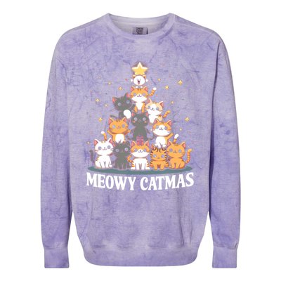 Meowy Catmas Cat Christmas Tree Xmas Funny Santa Colorblast Crewneck Sweatshirt