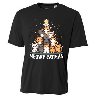 Meowy Catmas Cat Christmas Tree Xmas Funny Santa Cooling Performance Crew T-Shirt