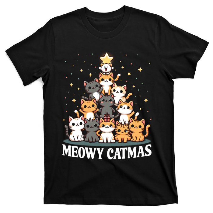 Meowy Catmas Cat Christmas Tree Xmas Funny Santa T-Shirt