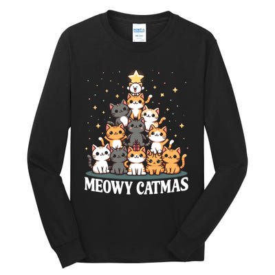 Meowy Catmas Cat Christmas Tree Xmas Funny Santa Tall Long Sleeve T-Shirt