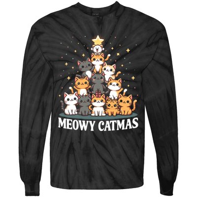 Meowy Catmas Cat Christmas Tree Xmas Funny Santa Tie-Dye Long Sleeve Shirt