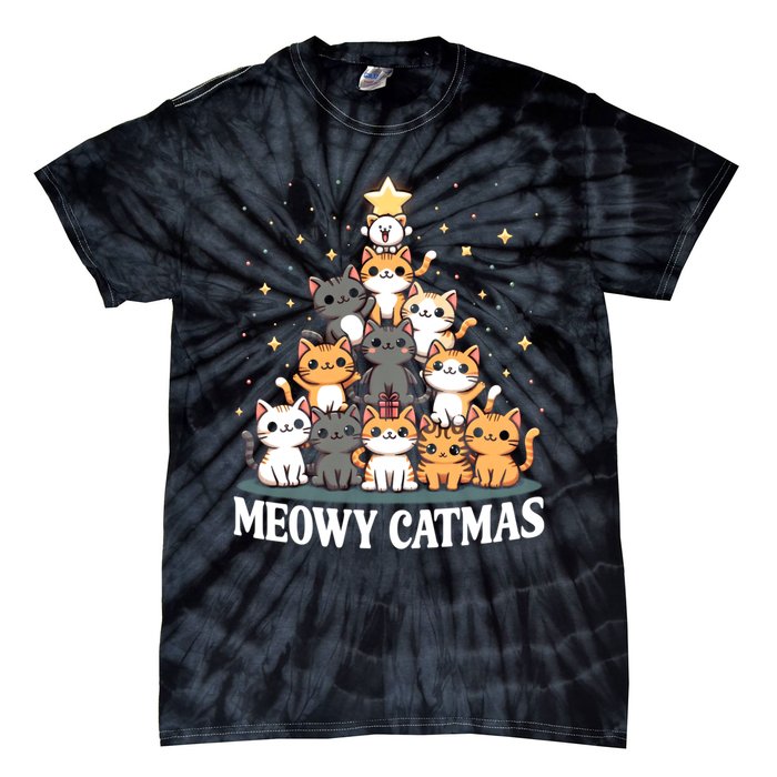 Meowy Catmas Cat Christmas Tree Xmas Funny Santa Tie-Dye T-Shirt