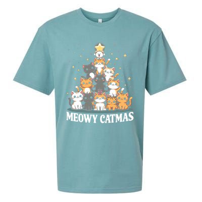 Meowy Catmas Cat Christmas Tree Xmas Funny Santa Sueded Cloud Jersey T-Shirt