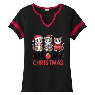 Meowy Christmas Cute Cat Merry Xmas Holiday Graphic Gift Ladies Halftime Notch Neck Tee