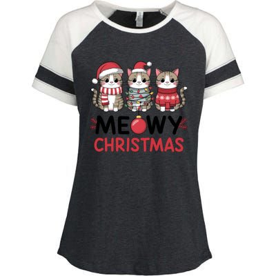 Meowy Christmas Cute Cat Merry Xmas Holiday Graphic Gift Enza Ladies Jersey Colorblock Tee