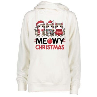 Meowy Christmas Cute Cat Merry Xmas Holiday Graphic Gift Womens Funnel Neck Pullover Hood