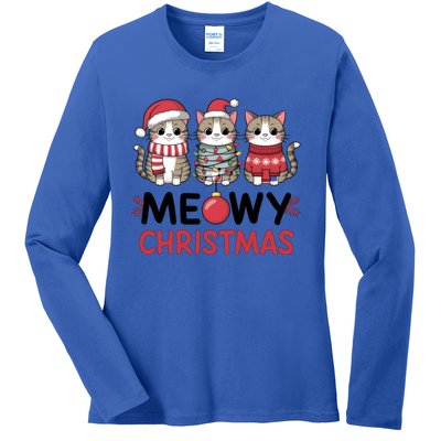 Meowy Christmas Cute Cat Merry Xmas Holiday Graphic Gift Ladies Long Sleeve Shirt