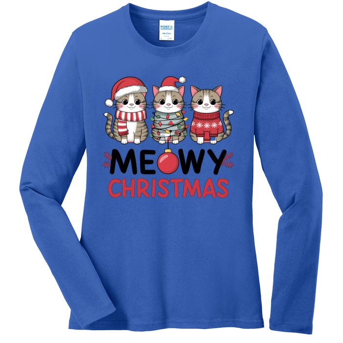 Meowy Christmas Cute Cat Merry Xmas Holiday Graphic Gift Ladies Long Sleeve Shirt