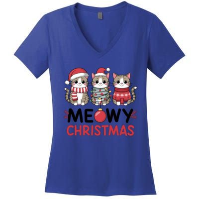 Meowy Christmas Cute Cat Merry Xmas Holiday Graphic Gift Women's V-Neck T-Shirt