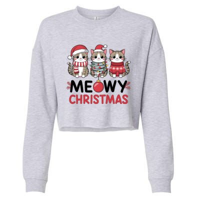 Meowy Christmas Cute Cat Merry Xmas Holiday Graphic Gift Cropped Pullover Crew