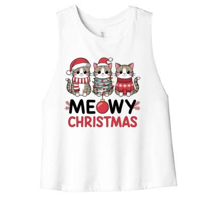 Meowy Christmas Cute Cat Merry Xmas Holiday Graphic Gift Women's Racerback Cropped Tank