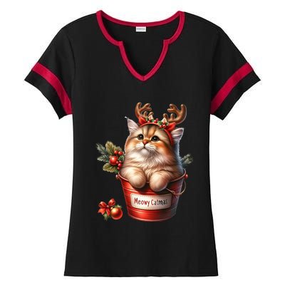 Meowy Christmas Cute Cat Merry Xmas Holiday Graphic Gift Ladies Halftime Notch Neck Tee