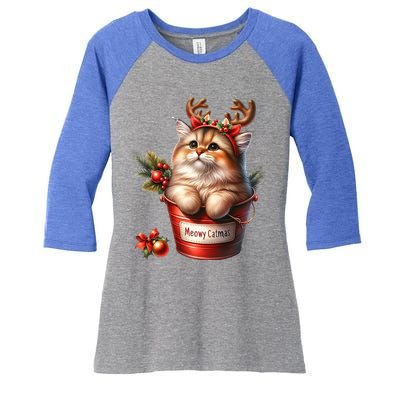 Meowy Christmas Cute Cat Merry Xmas Holiday Graphic Gift Women's Tri-Blend 3/4-Sleeve Raglan Shirt