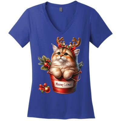 Meowy Christmas Cute Cat Merry Xmas Holiday Graphic Gift Women's V-Neck T-Shirt