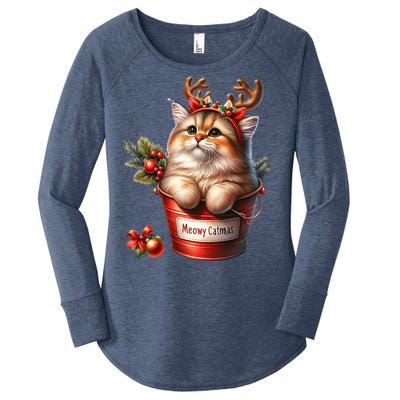 Meowy Christmas Cute Cat Merry Xmas Holiday Graphic Gift Women's Perfect Tri Tunic Long Sleeve Shirt