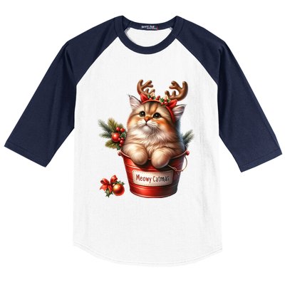 Meowy Christmas Cute Cat Merry Xmas Holiday Graphic Gift Baseball Sleeve Shirt