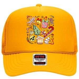 Merry Christmas Candy Cakes Gingerbread Cozy Vibes High Crown Mesh Back Trucker Hat