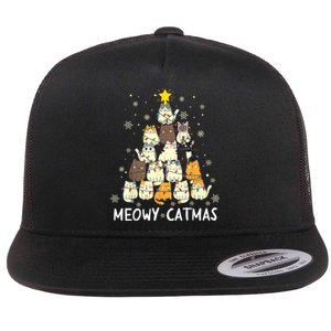 Meowy Catmas Cat Christmas Tree Xmas Flat Bill Trucker Hat