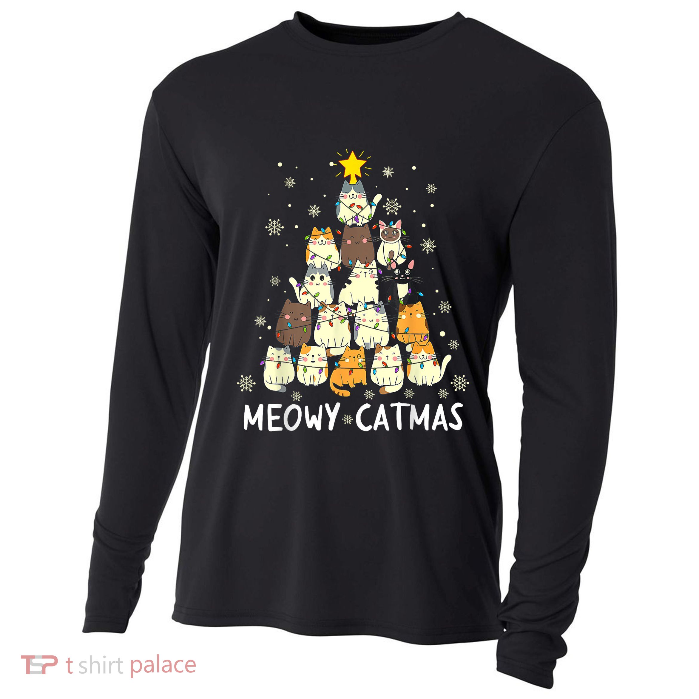 Meowy Catmas Cat Christmas Tree Xmas Cooling Performance Long Sleeve Crew