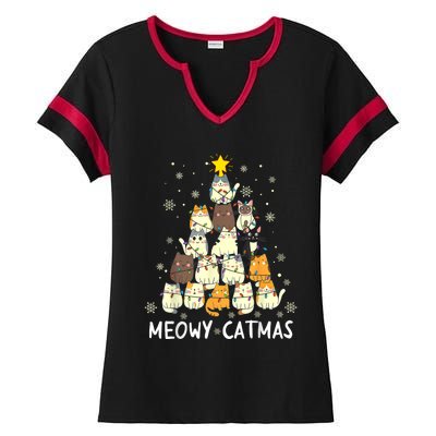 Meowy Catmas Cat Christmas Tree Xmas Ladies Halftime Notch Neck Tee