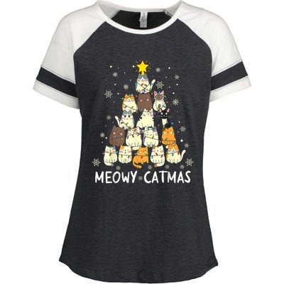 Meowy Catmas Cat Christmas Tree Xmas Enza Ladies Jersey Colorblock Tee